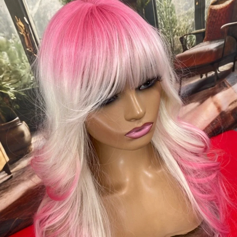 White and hot pink wig with bangs